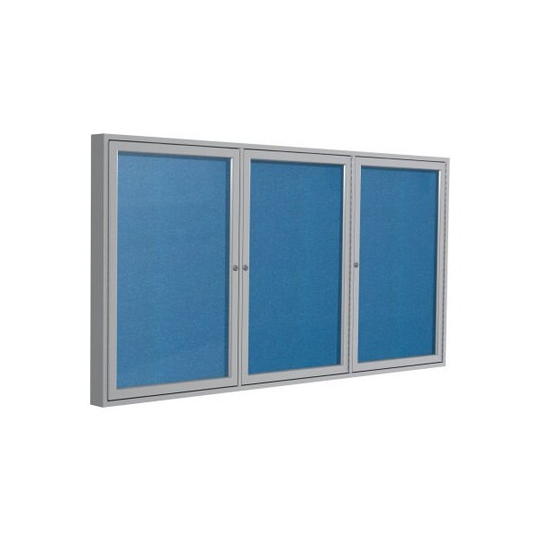 Ghent Enclosed Bulletin Board, Outdoor, 3 Door, 96"W x 48"H, Ocean Vinyl/Silver Frame PA34896VX-191 - main